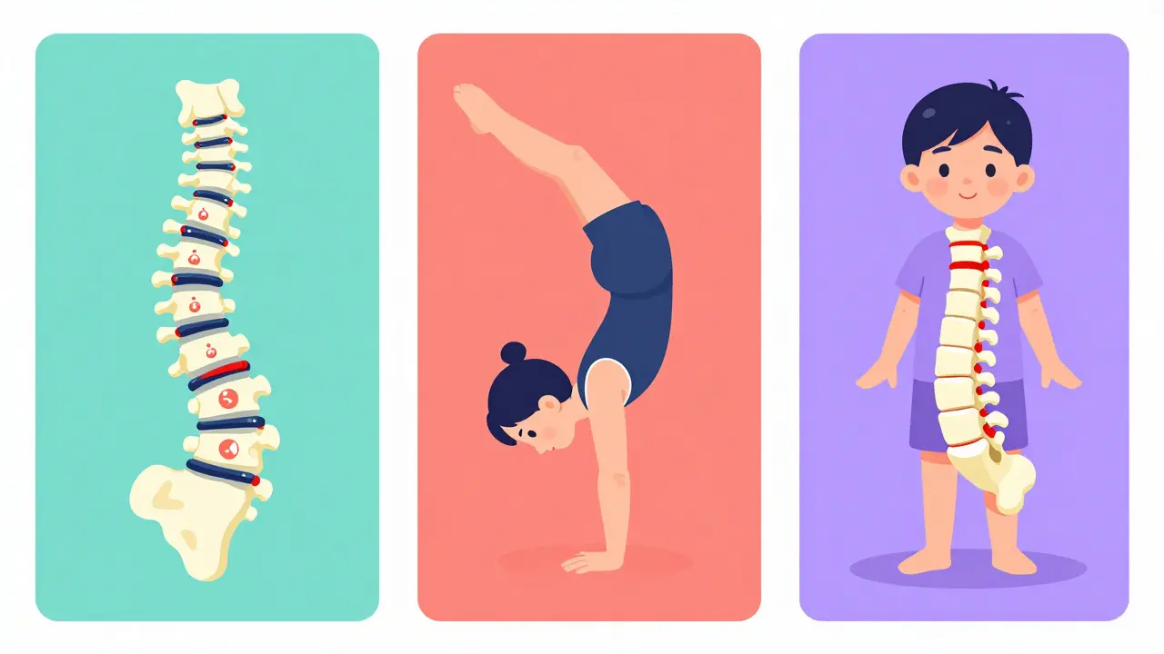 Three stylized panels showing degenerative, isthmic, and dysplastic spondylolisthesis types with color-coded symbolic icons.