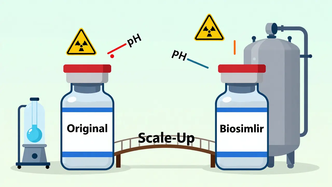 Two drug vials compared with small vs large bioreactors and process variables as warning signs