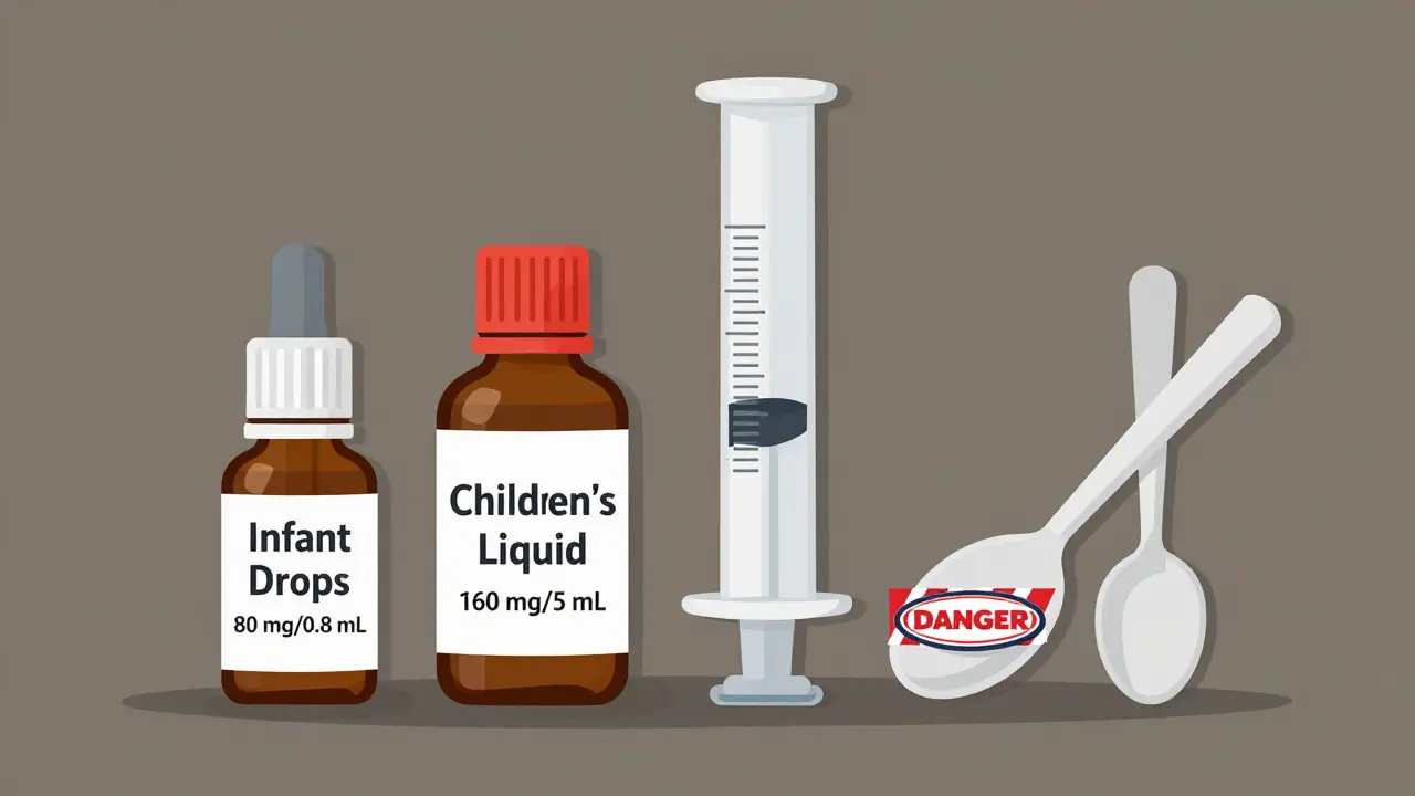 Two medicine bottles side by side with syringe and dangerous kitchen spoon.