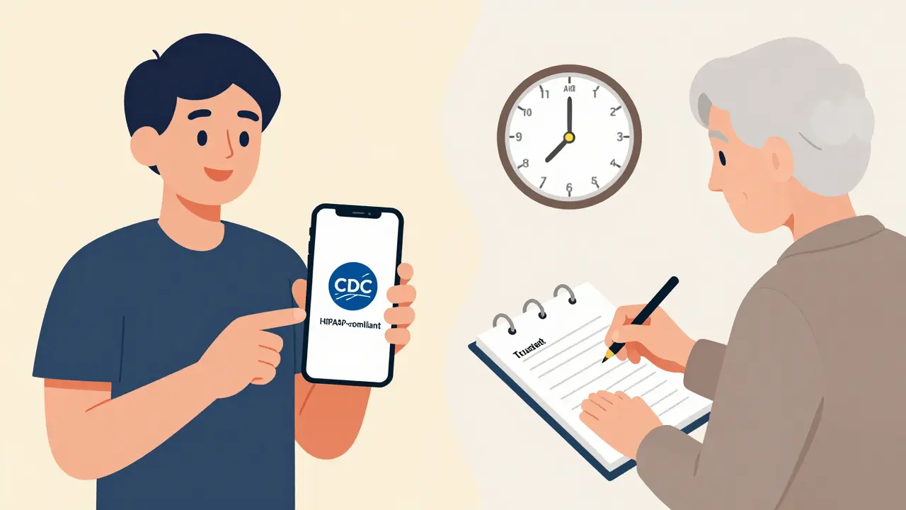 Two methods of tracking symptoms: app and paper journal side by side.