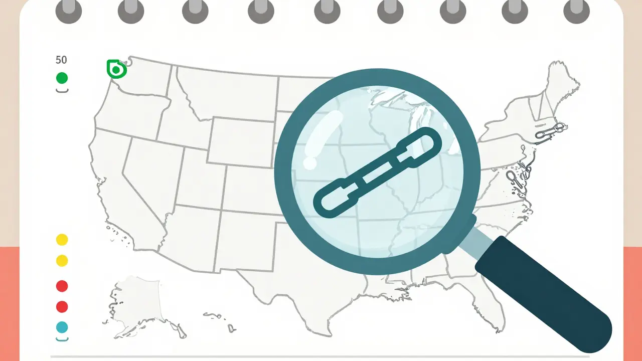 Wall map of U.S. states with color-coded substitution rules and blockchain symbol.