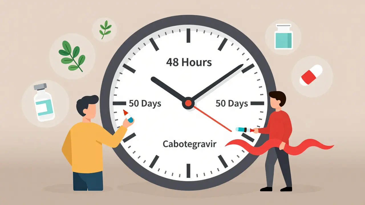 A clock showing how long HIV injectable drug effects last after antibiotic use, with warning waves and health icons.
