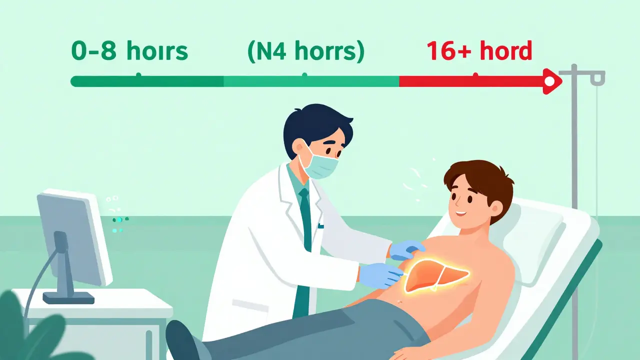 A doctor giving IV NAC to a patient with a glowing liver icon, in a hospital setting with medical monitors.