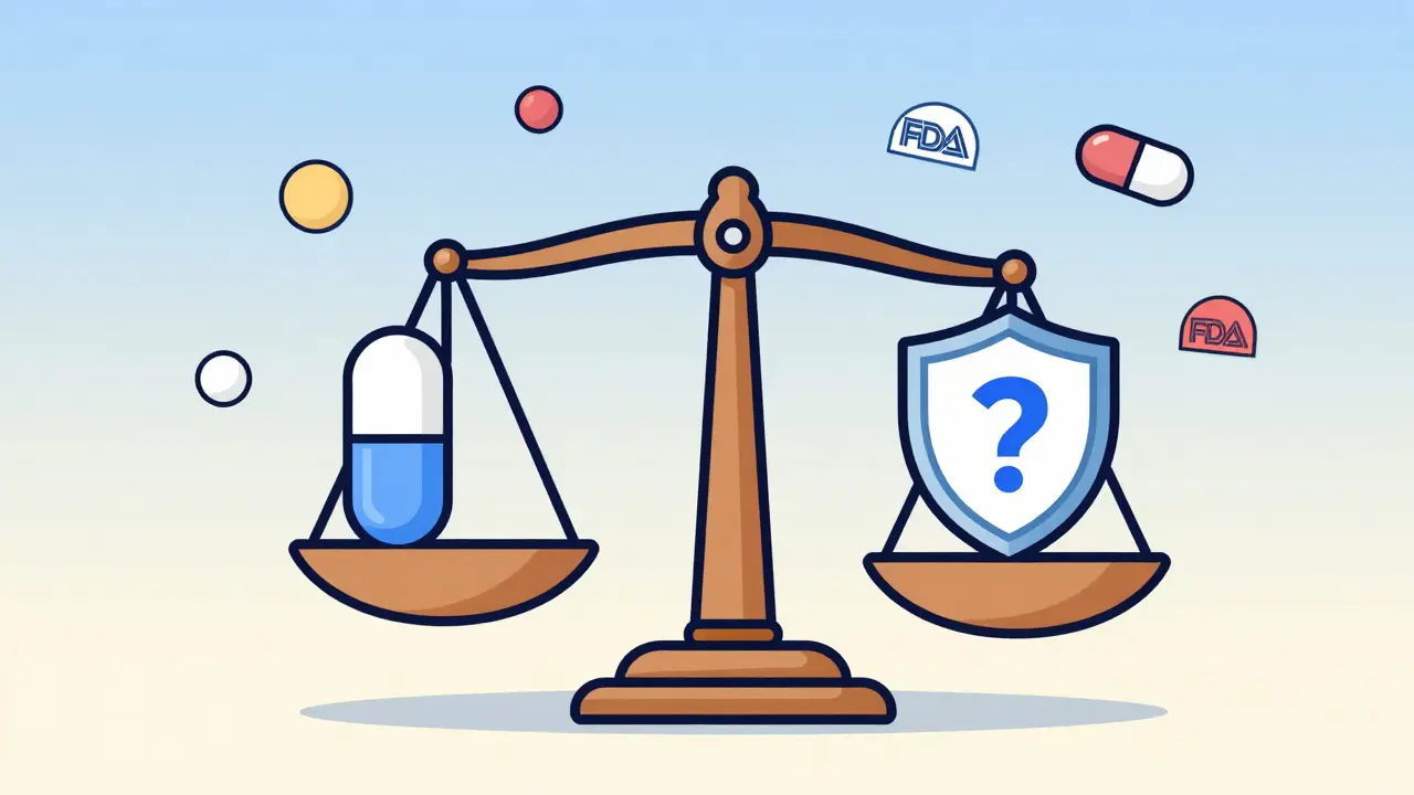 A legal scale balances a trademark shield against a generic pill, surrounded by color and shape icons representing drug design laws.