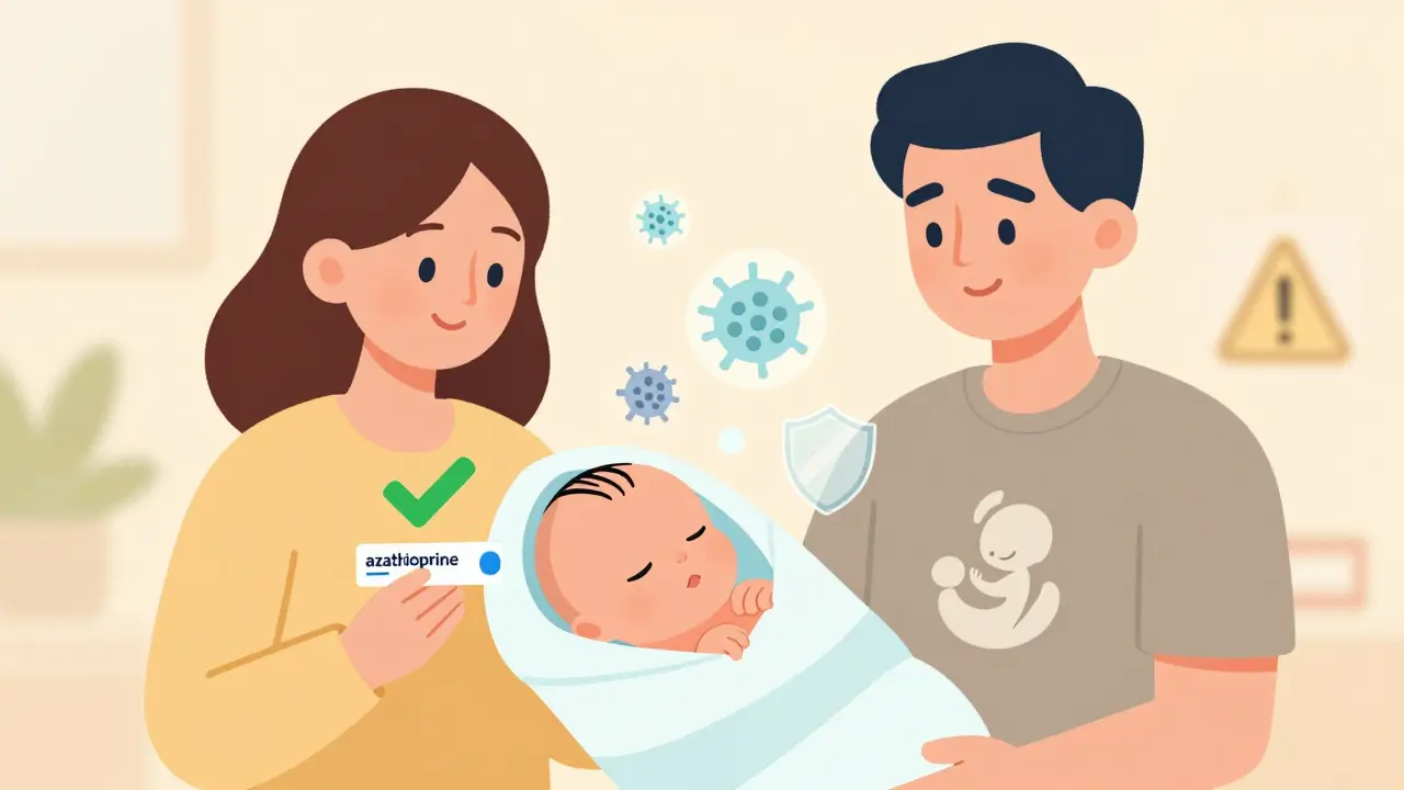 A newborn with immune system icons, showing safe and unsafe medications during breastfeeding.