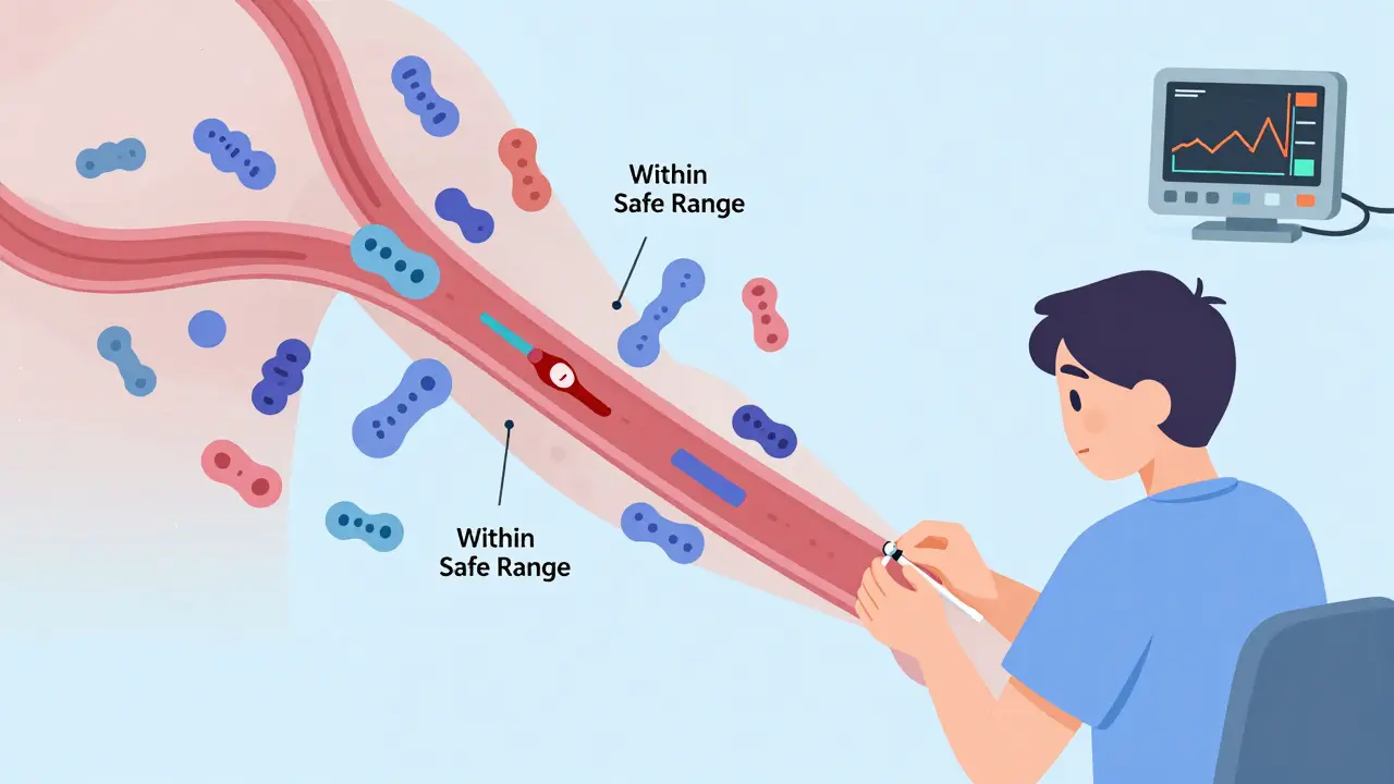 A patient receiving an injection with varied protein molecules flowing through their bloodstream, all within safe parameters.