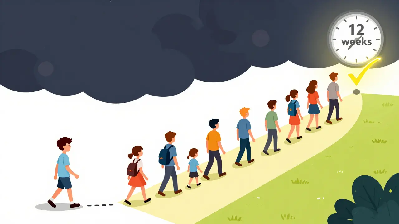 A timeline showing recovery from isolation to education and employment, with a glowing 12-week milestone.