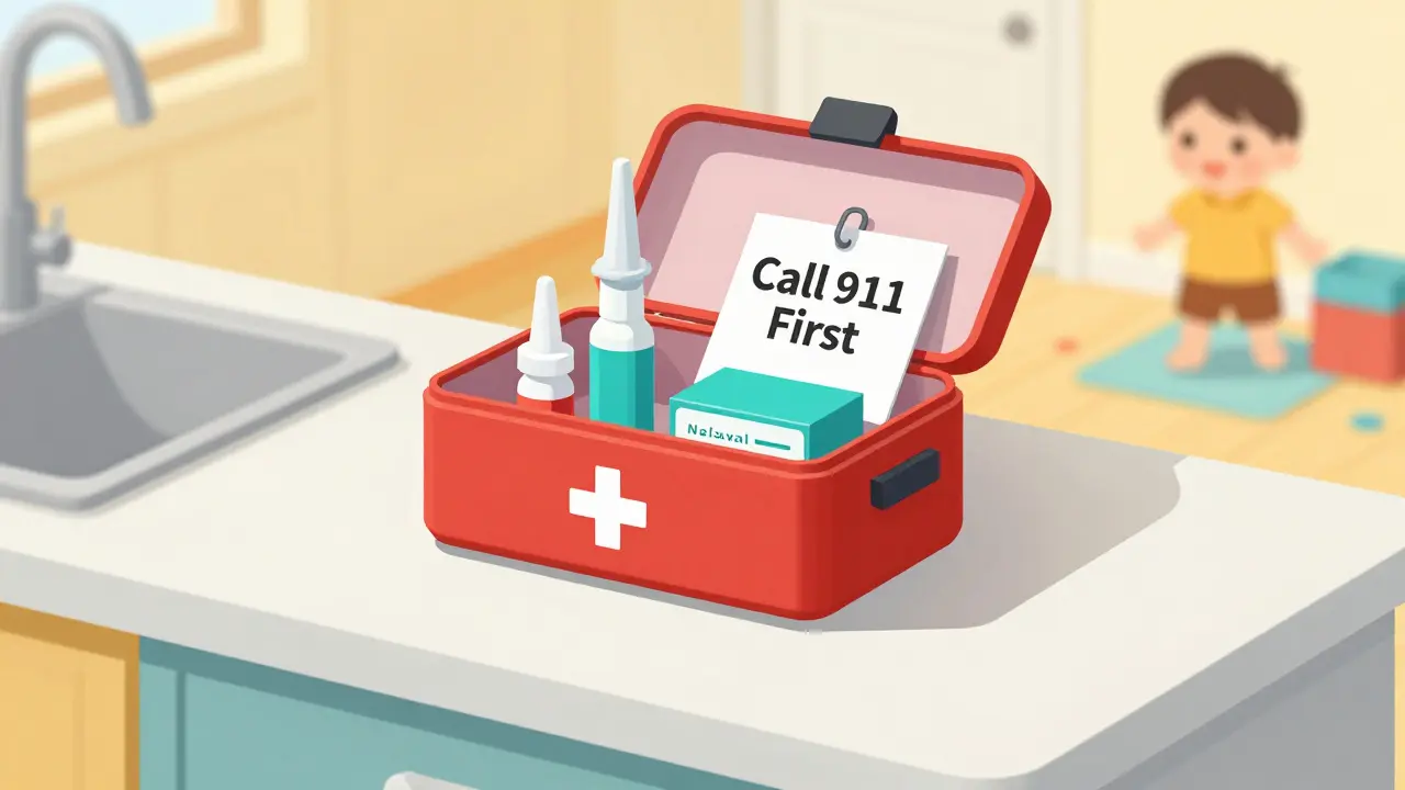 An emergency overdose kit on a kitchen counter with naloxone, locked meds, and a safety note beside a child playing.