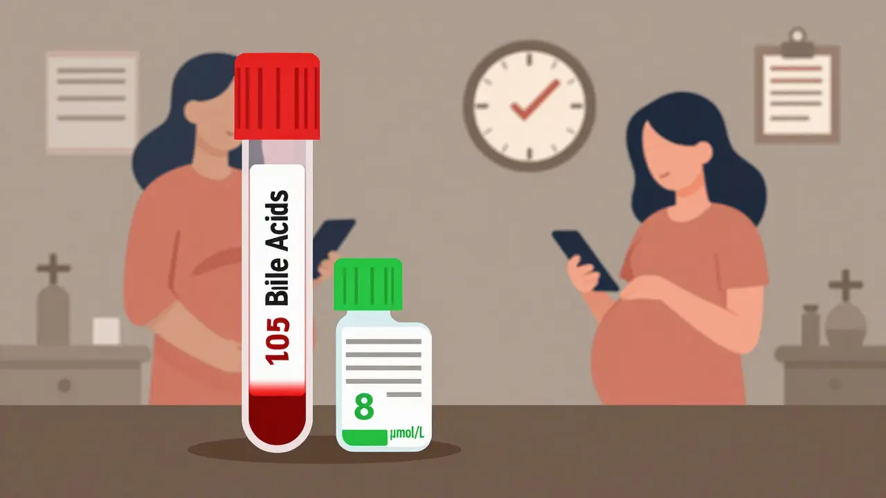 Blood test vial showing high bile acid levels next to a normal one, with a 15-minute clock