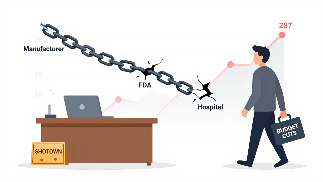 Broken chain connecting drug manufacturers to FDA, with a shutdown sign on an empty desk.
