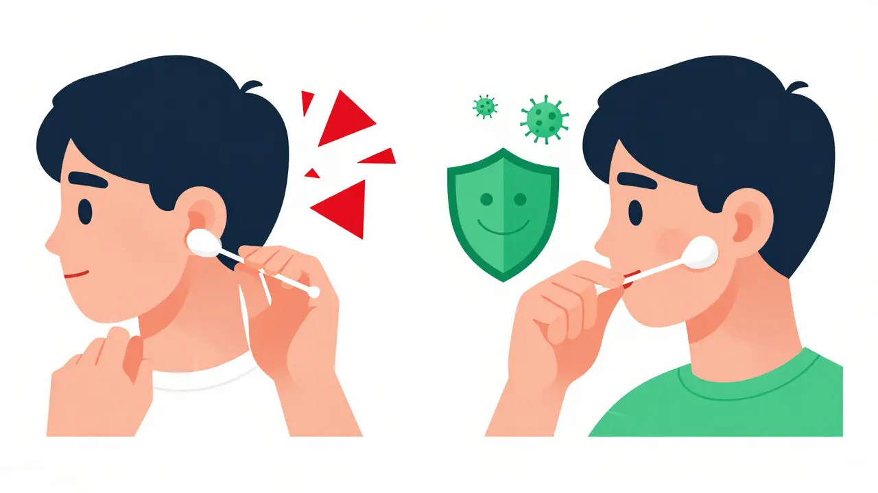 Contrasting images: cotton swab causing infection vs. vinegar solution preventing it.