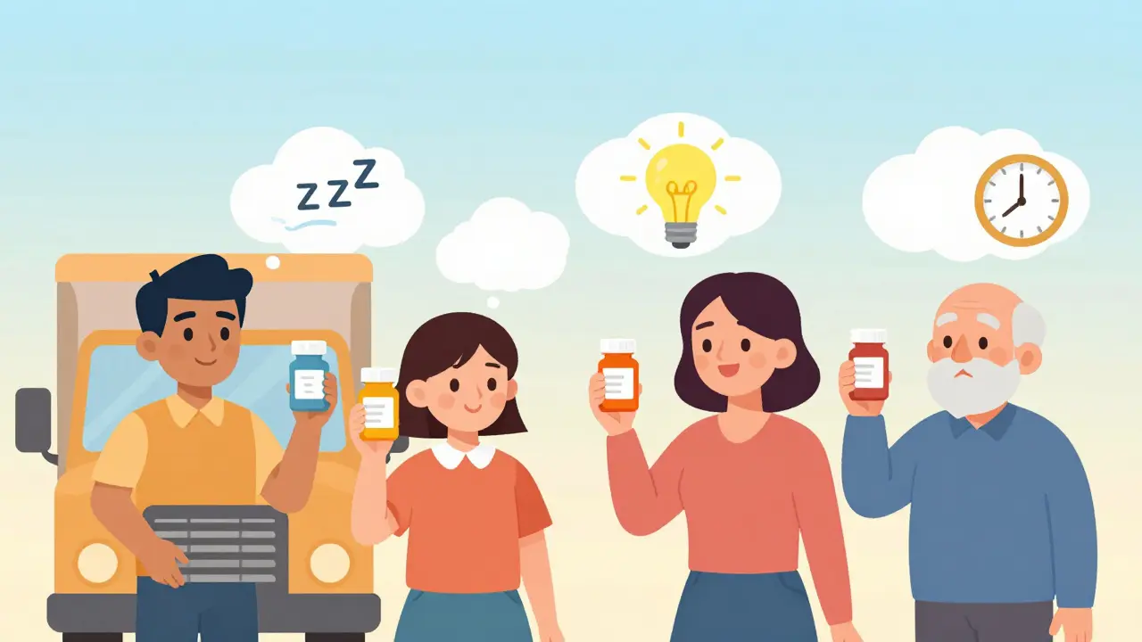 Diverse people holding antihistamine pills, with thought bubbles showing drowsiness vs. alertness.