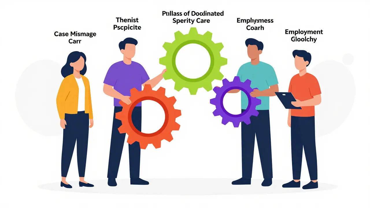 Five professionals in a circle, each holding a gear representing their role in coordinated psychosis care.