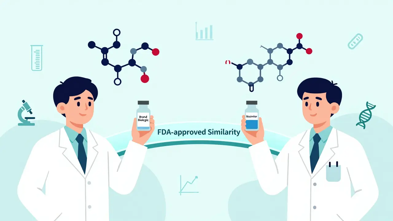 Lab technicians holding biologic and biosimilar vials with matching molecular patterns, symbolizing regulatory approval.