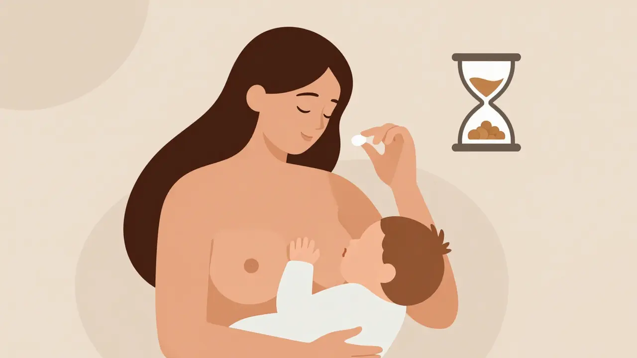 Mother breastfeeding then taking pill with hourglass for timing.