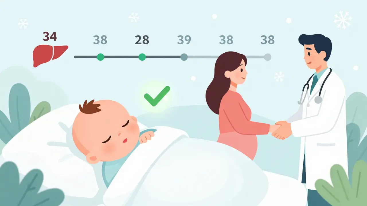 Newborn baby with a checkmark as a pregnant woman shakes hands with her doctor