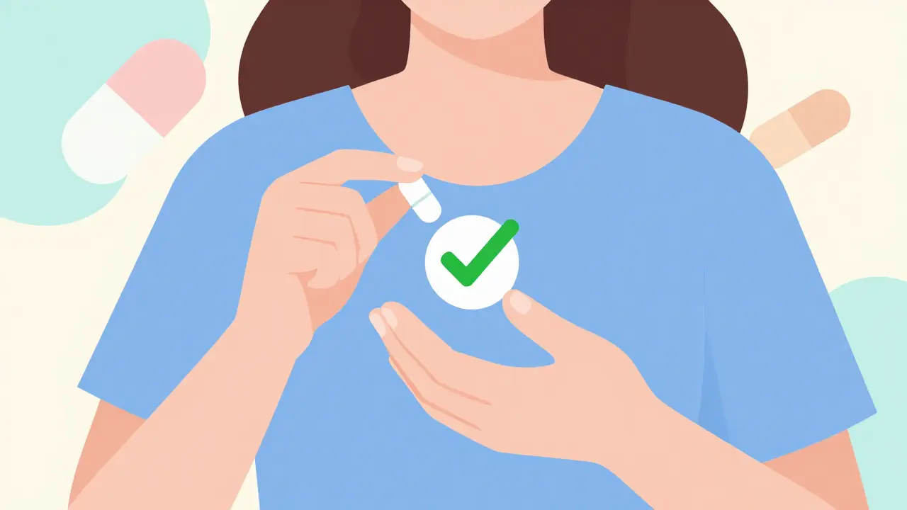 Nursing mother taking safe antihistamine pill with checkmark symbol.
