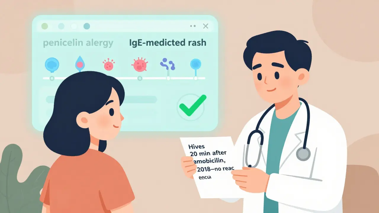 Patient explains real allergy history to doctor as digital record updates with precise details.