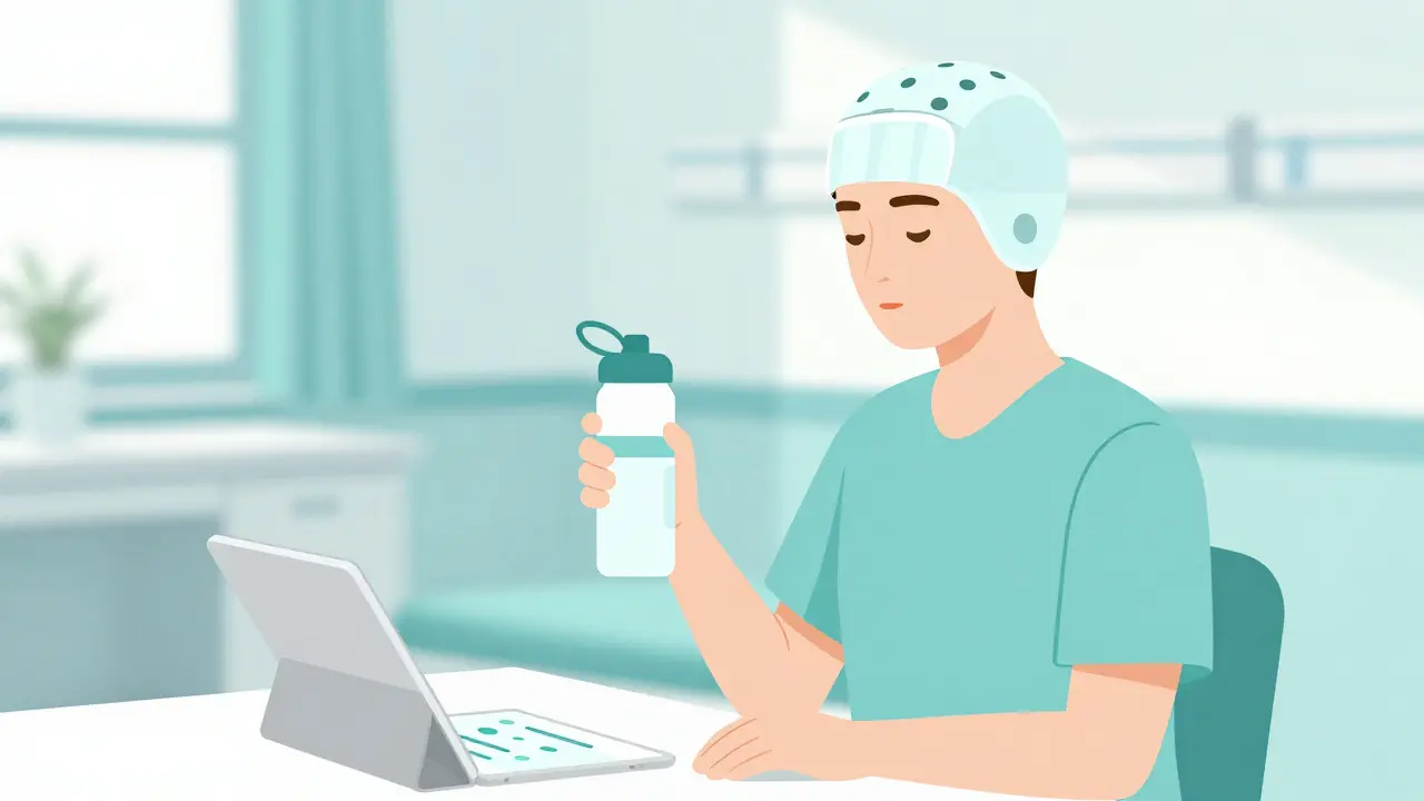 Patient wearing scalp cooling helmet and using meditation app during chemo