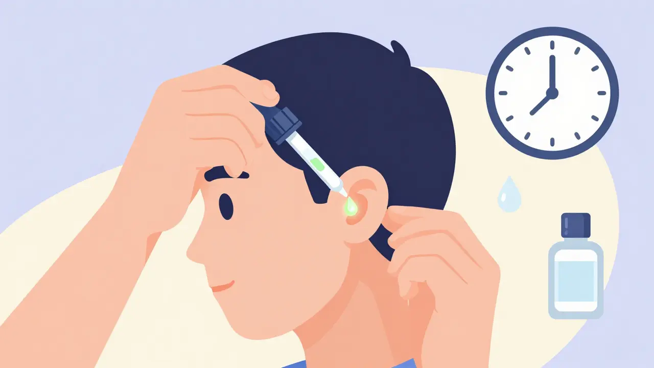 Person correctly applying ear drops with dropper, earlobe pulled up, medicine glowing.