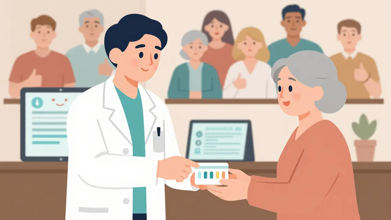 Pharmacist helping an elderly woman with a simplified pill box and digital reminder.