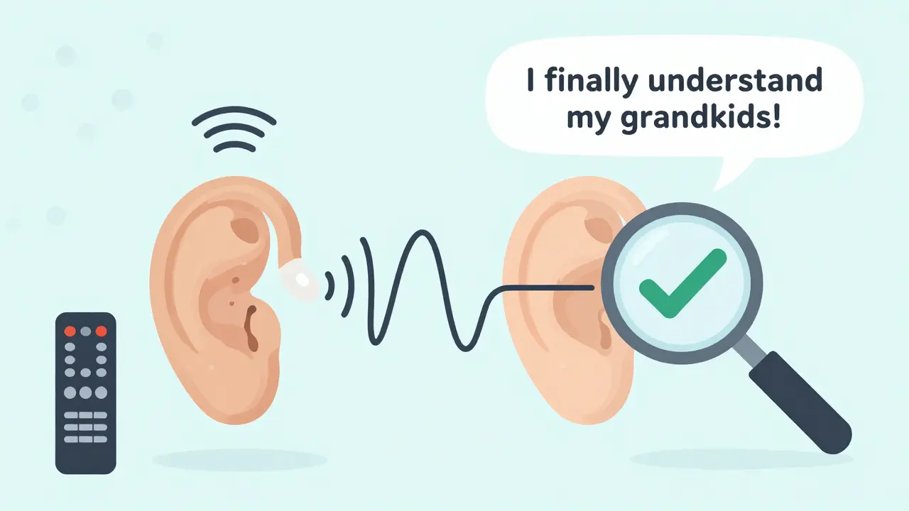 Side-by-side comparison of generic vs. precisely calibrated hearing aid output curves, with a magnifying glass highlighting accuracy.