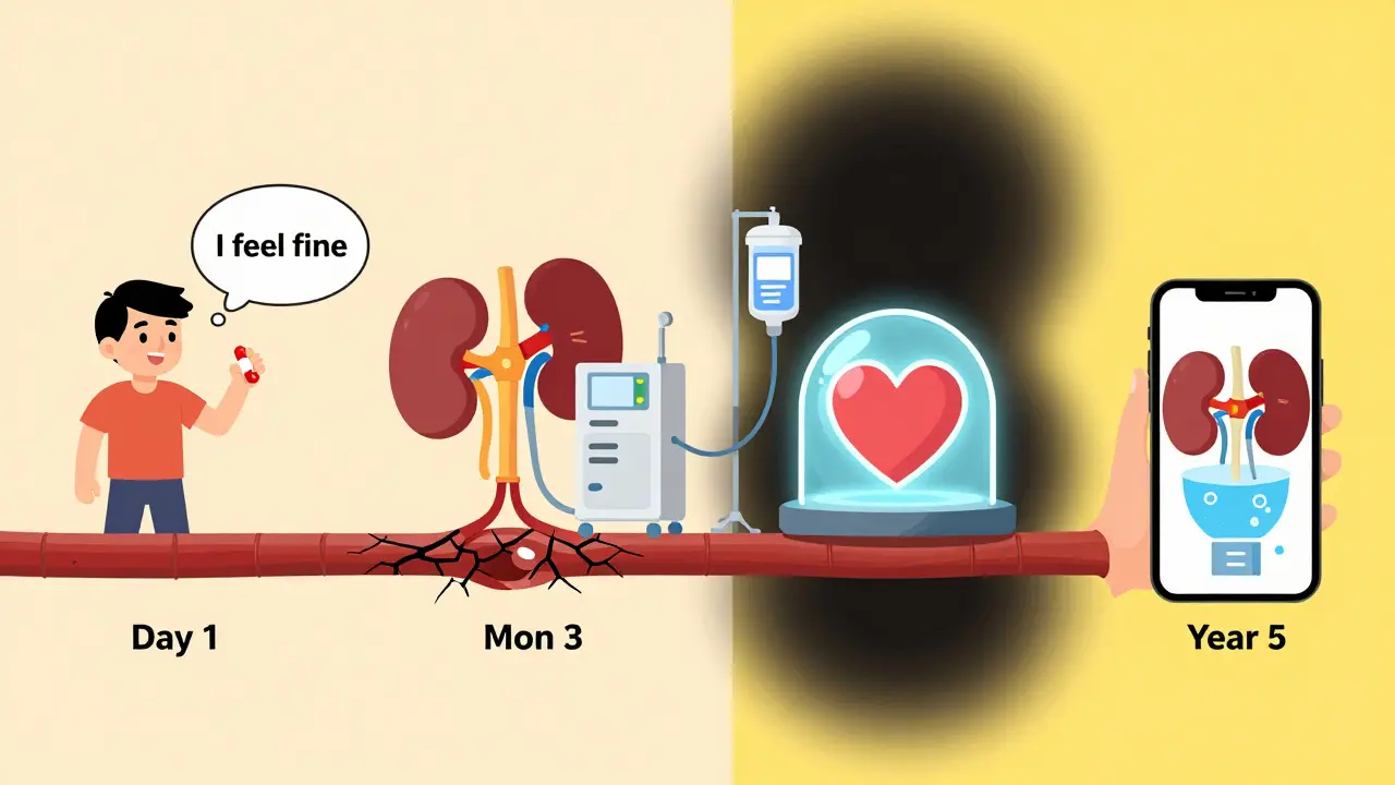 Side-by-side timeline showing consequences of skipping blood pressure pills versus consistent treatment