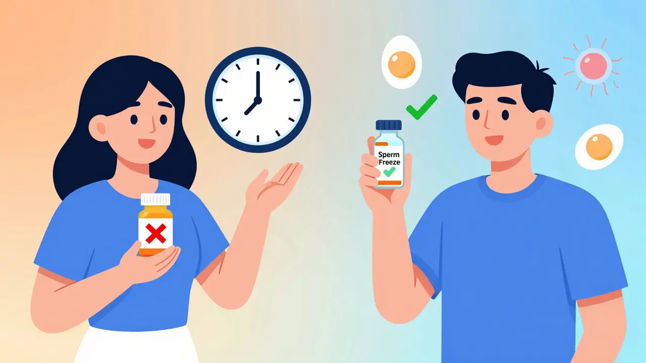 Split illustration showing methotrexate discontinuation and sperm freezing as key preconception steps.