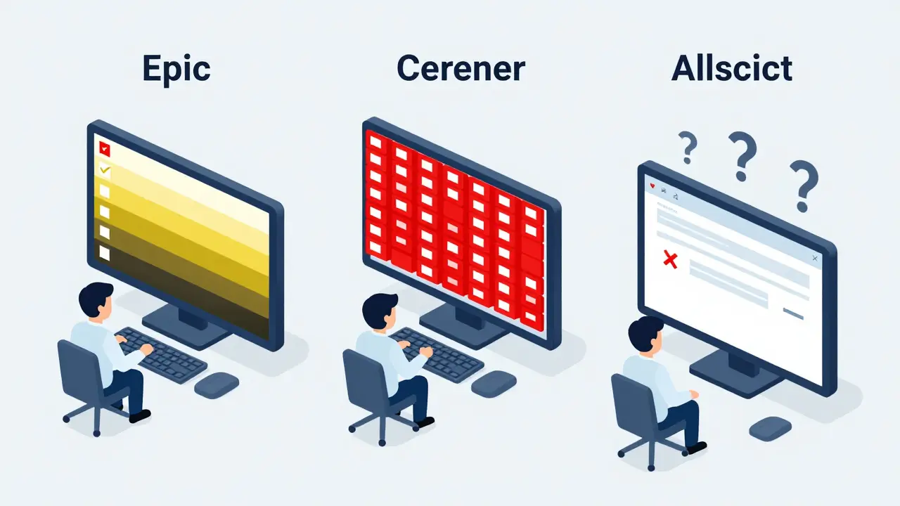 Three EHR systems shown as cartoon computers with different alert styles and user reactions.