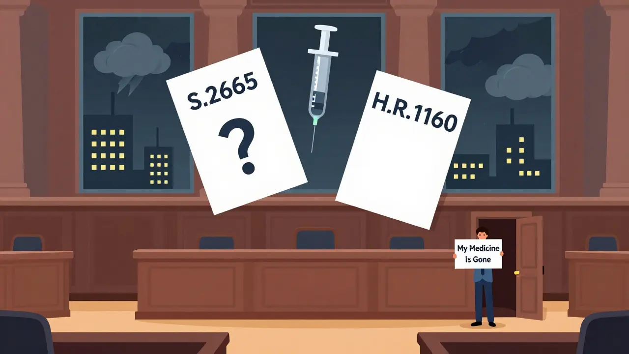 Two unidentified bills floating in an empty Congress chamber as a citizen stands alone.