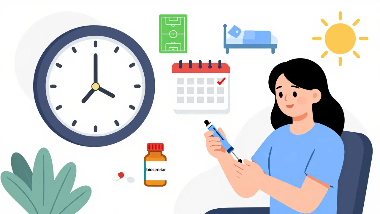 A patient administering a biologic injection at home, with icons showing improved quality of life including a soccer game and clinic visits.