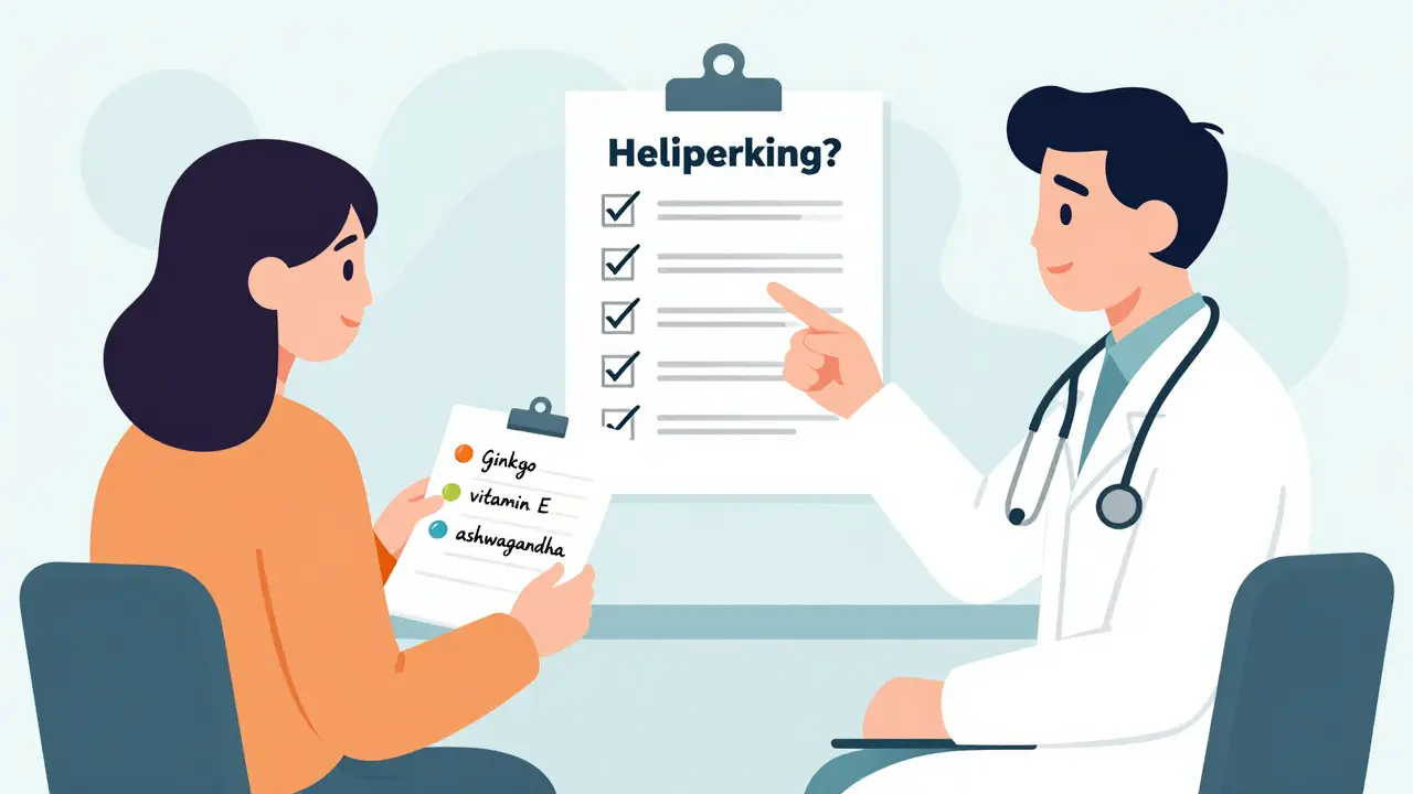 A patient and doctor reviewing a handwritten list of supplements during a consultation, focusing on safety questions.
