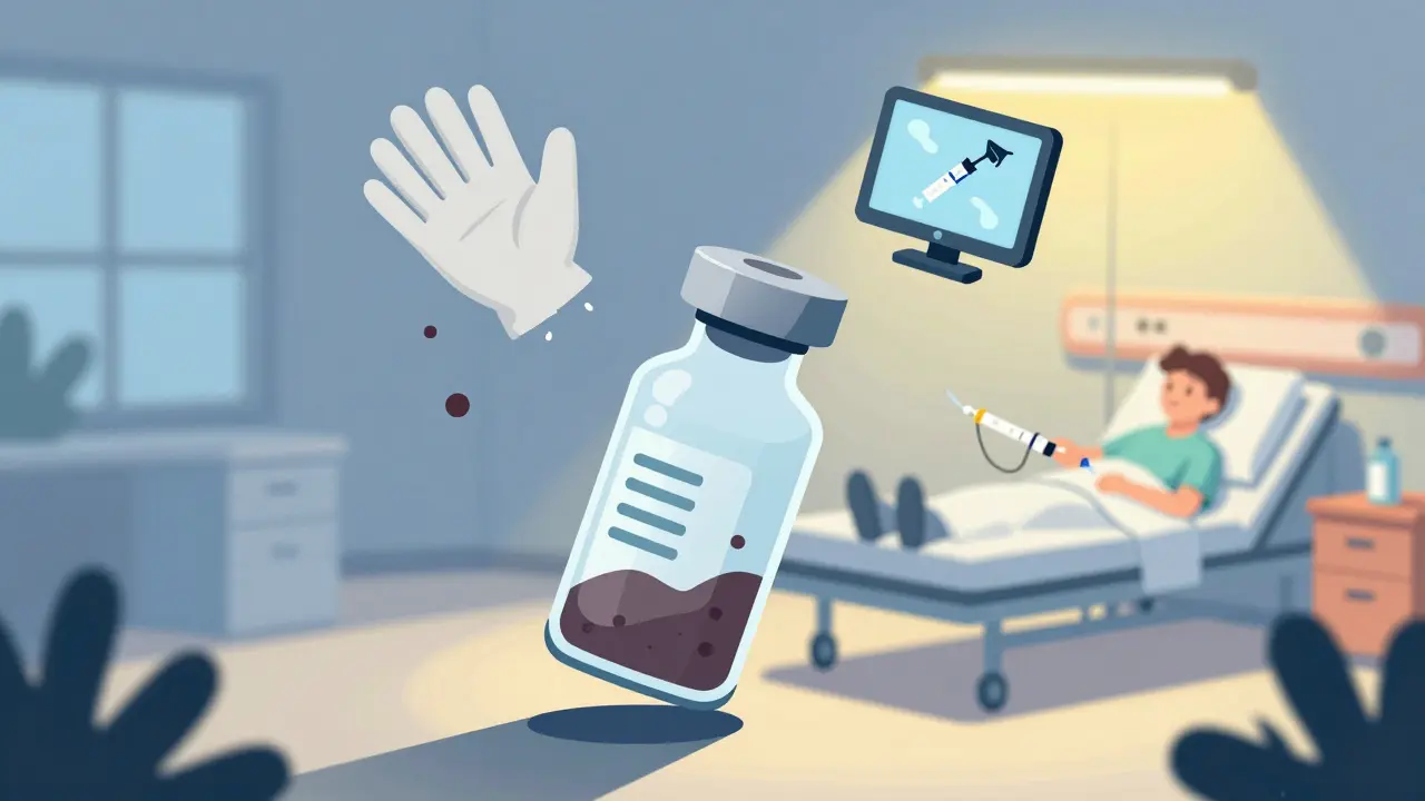 A single contaminated vial floats with symbols of human error, while patients in a hospital receive injections safely.