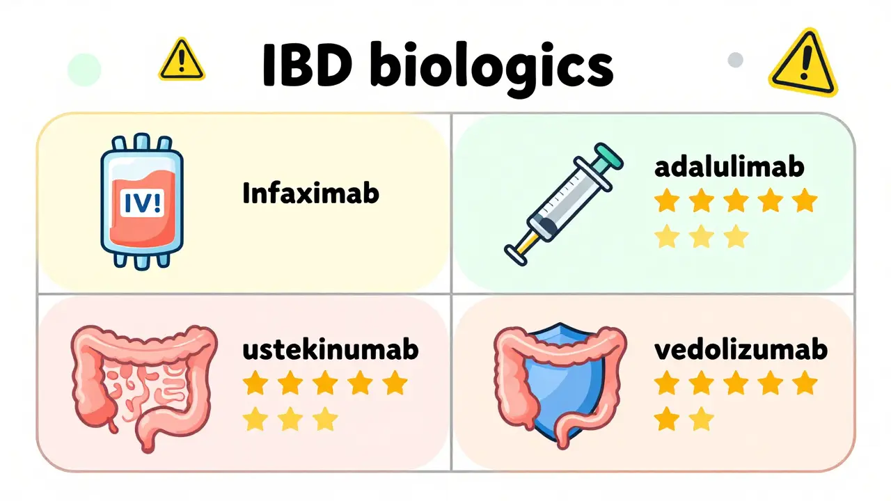 A visual comparison of IBD biologics using icons for administration methods and safety features, without text or labels.
