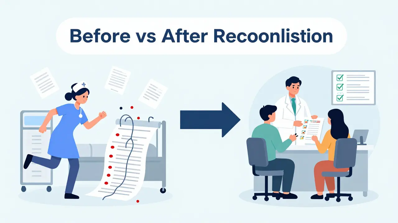 Contrast between chaotic medication management and organized reconciliation process in healthcare transition.