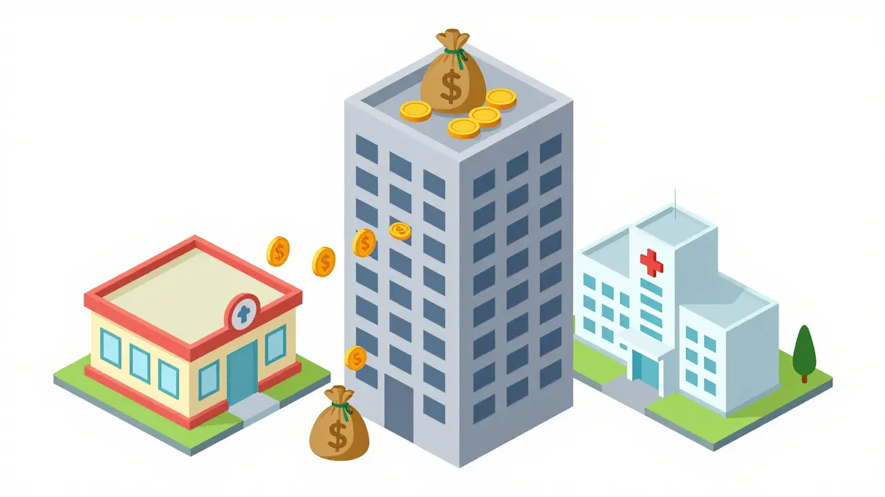Large building blocking money flow between hospital and pharmacy.
