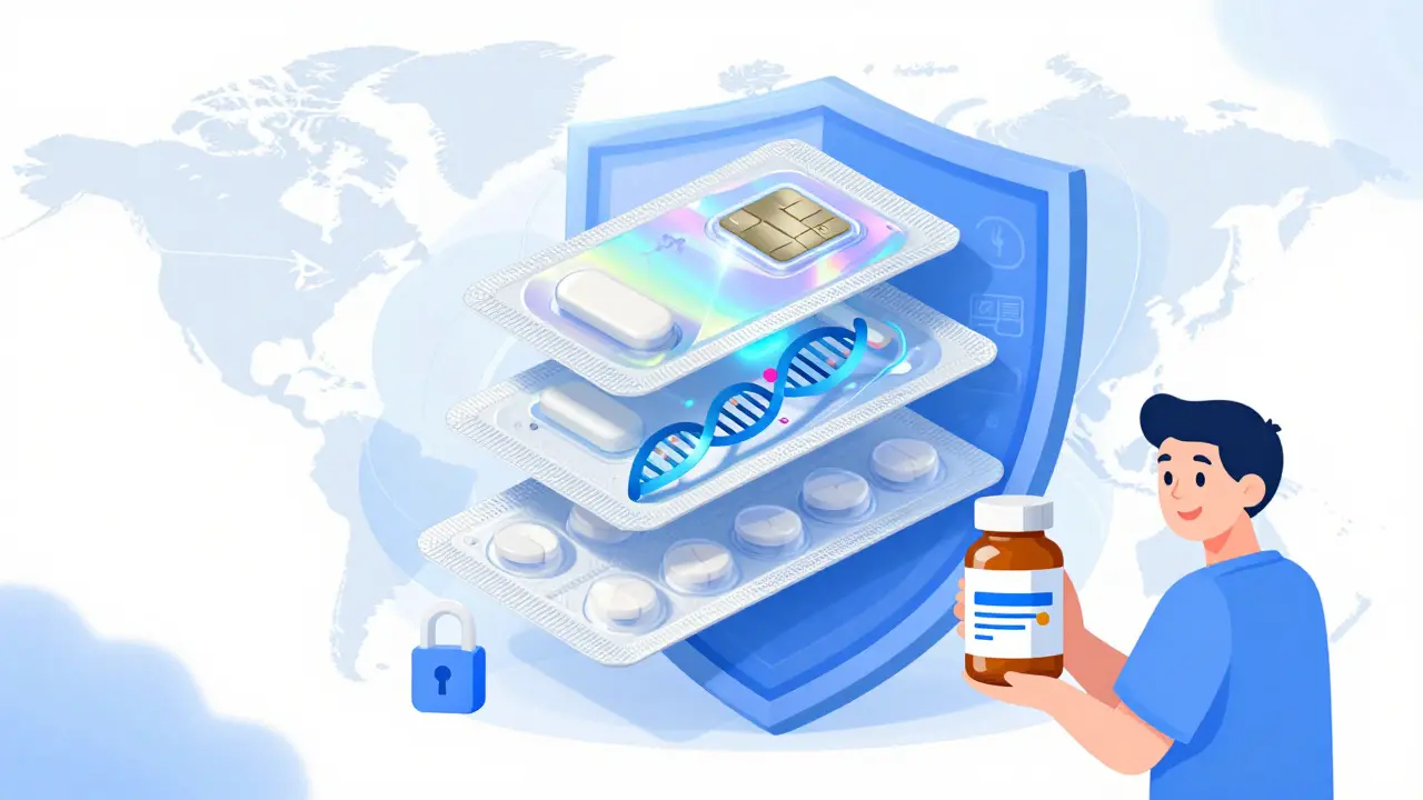 Multi-layered drug package with hologram, NFC chip, and DNA marker under protective digital shield.
