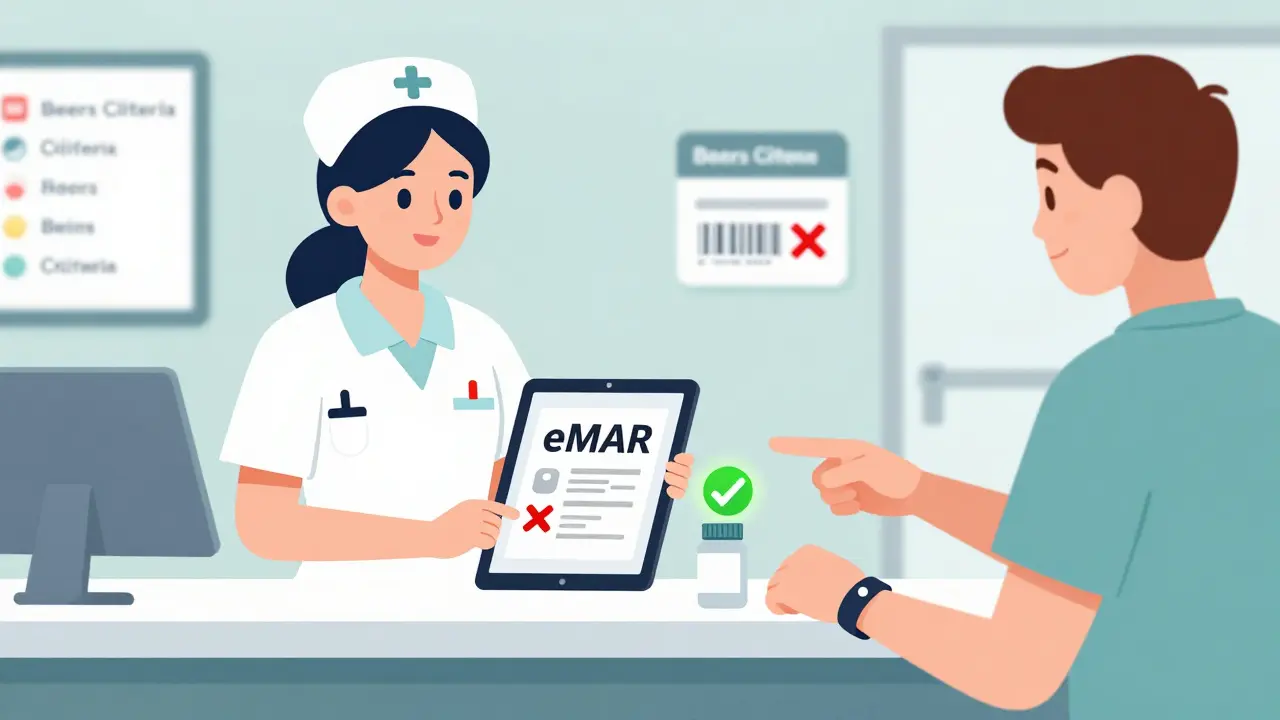 Nurse and family member verifying medication using barcode scanner and eMAR system.