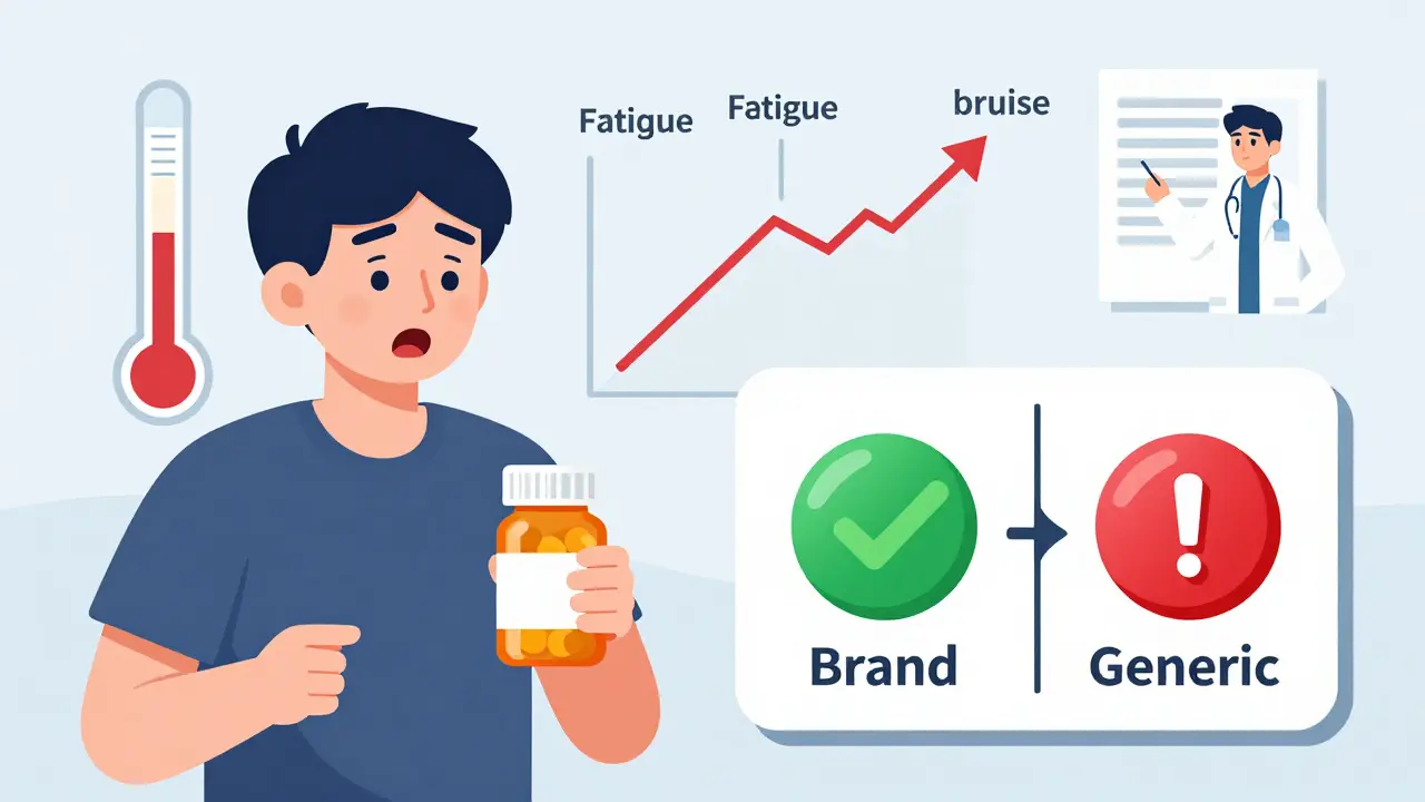 Patient shocked as identical generic and brand pills trigger different health risks, with symptoms and blood test shown nearby.