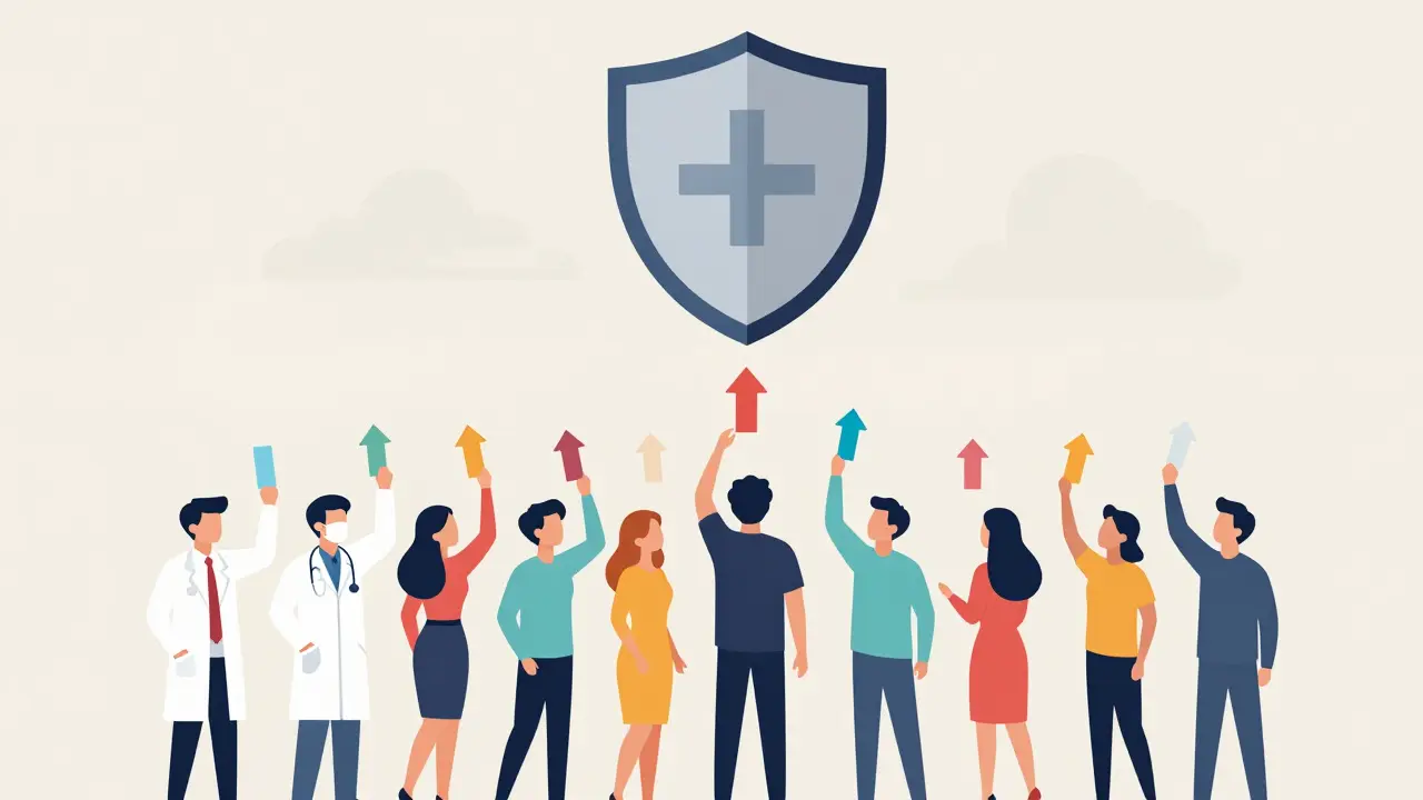 People sending safety report tokens to a shield icon in cartoon style.