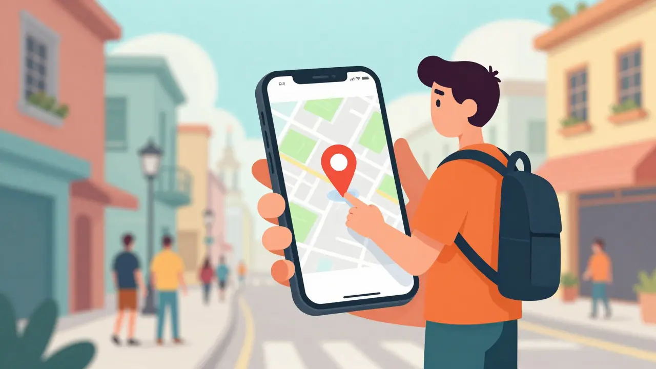Person using navigation app to locate pharmacy on city street