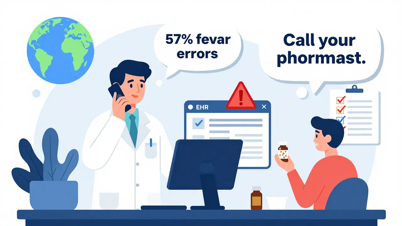 Pharmacist calls community pharmacy to verify discharge meds, with patient at home and EHR warning shown.