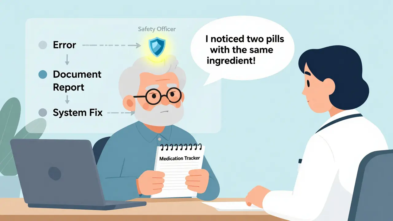 Senior citizen advocating for medication safety with a doctor, holding a medication tracker notebook.