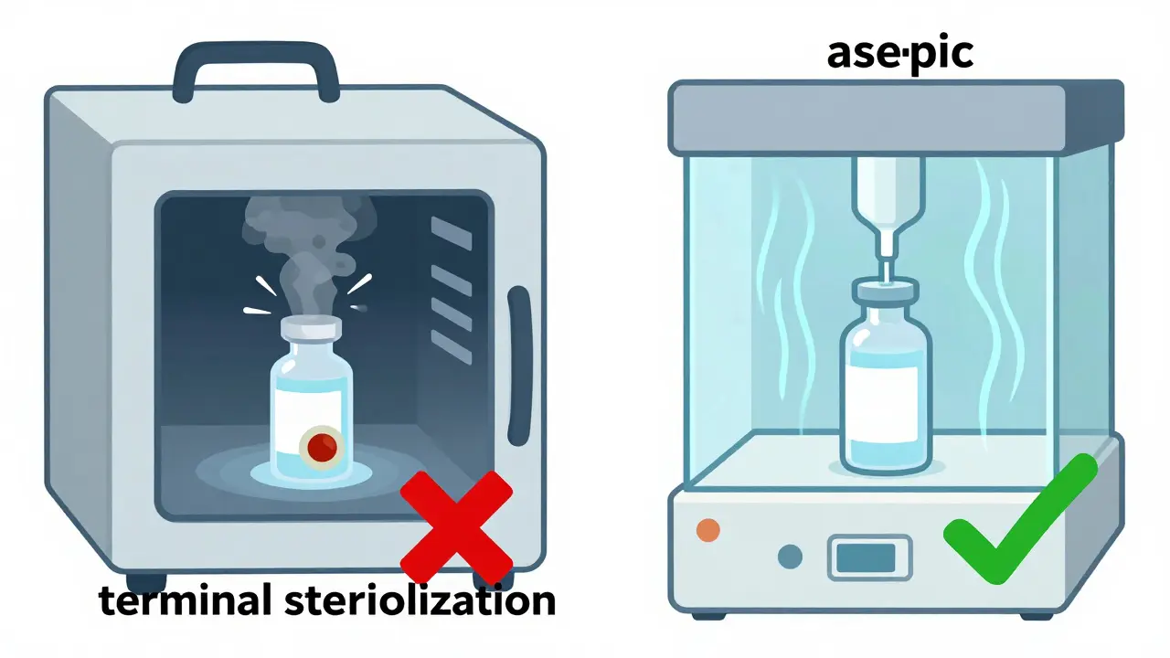 Side-by-side comparison: steam sterilization damaging a drug molecule versus aseptic filling preserving a sensitive biologic.