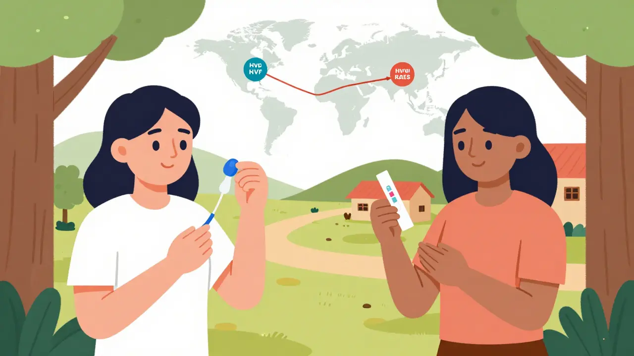 Split scene showing HPV screening in a clinic and at home, with a global map highlighting access disparities.
