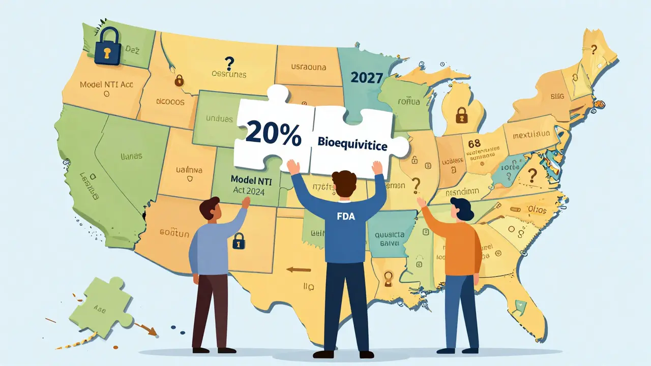 U.S. states in puzzle form, with FDA's single rule versus new unified Model NTI Act piece leading to 38 aligned states by 2027.