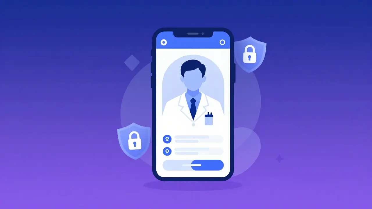 Video call icon with shield symbol representing medical data security