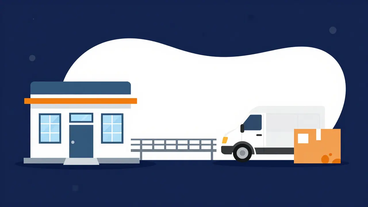 Digital bridge connecting a pharmacy to a home delivery van in flat design style