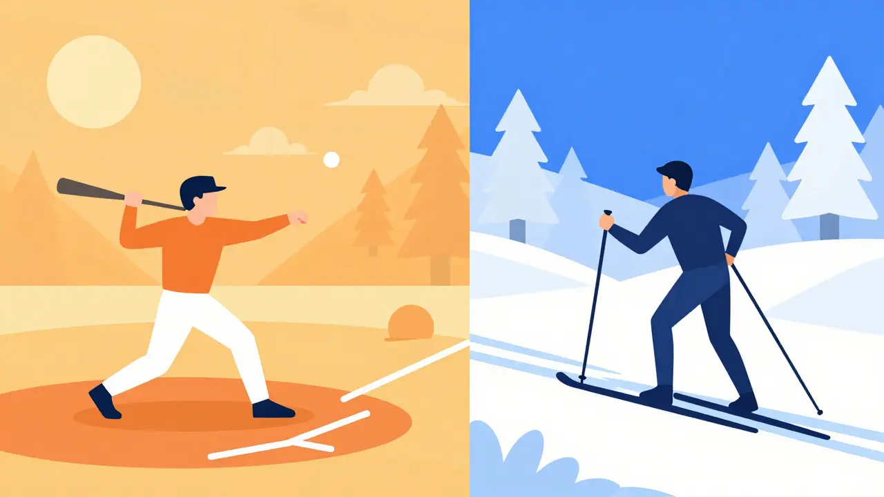 Flat design comparison between a baseball player in warm weather and a skier in cold winter air.