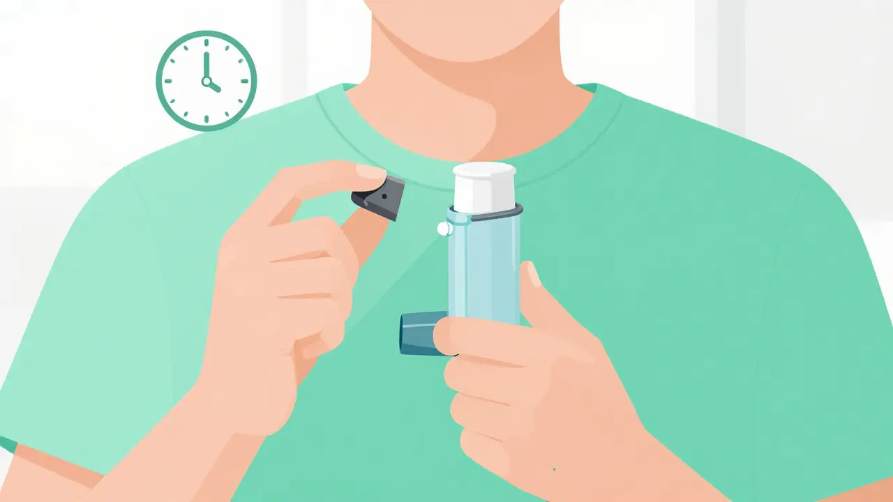 Flat design illustration of a person using an inhaler with a spacer and a timer icon.
